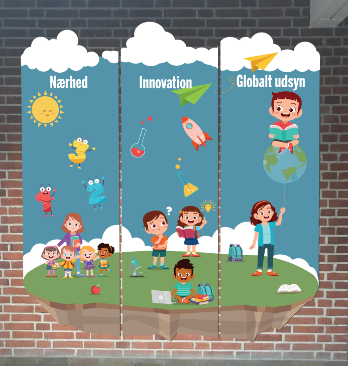 Plakat med illustration af Nærhed, Innovation og Globalt udsyn